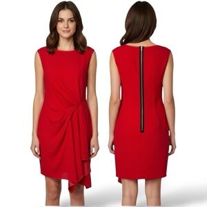 RACHEL ROY Red Dress Exposed Zipper Asymetrical Hem Gathered and Rusched Front L